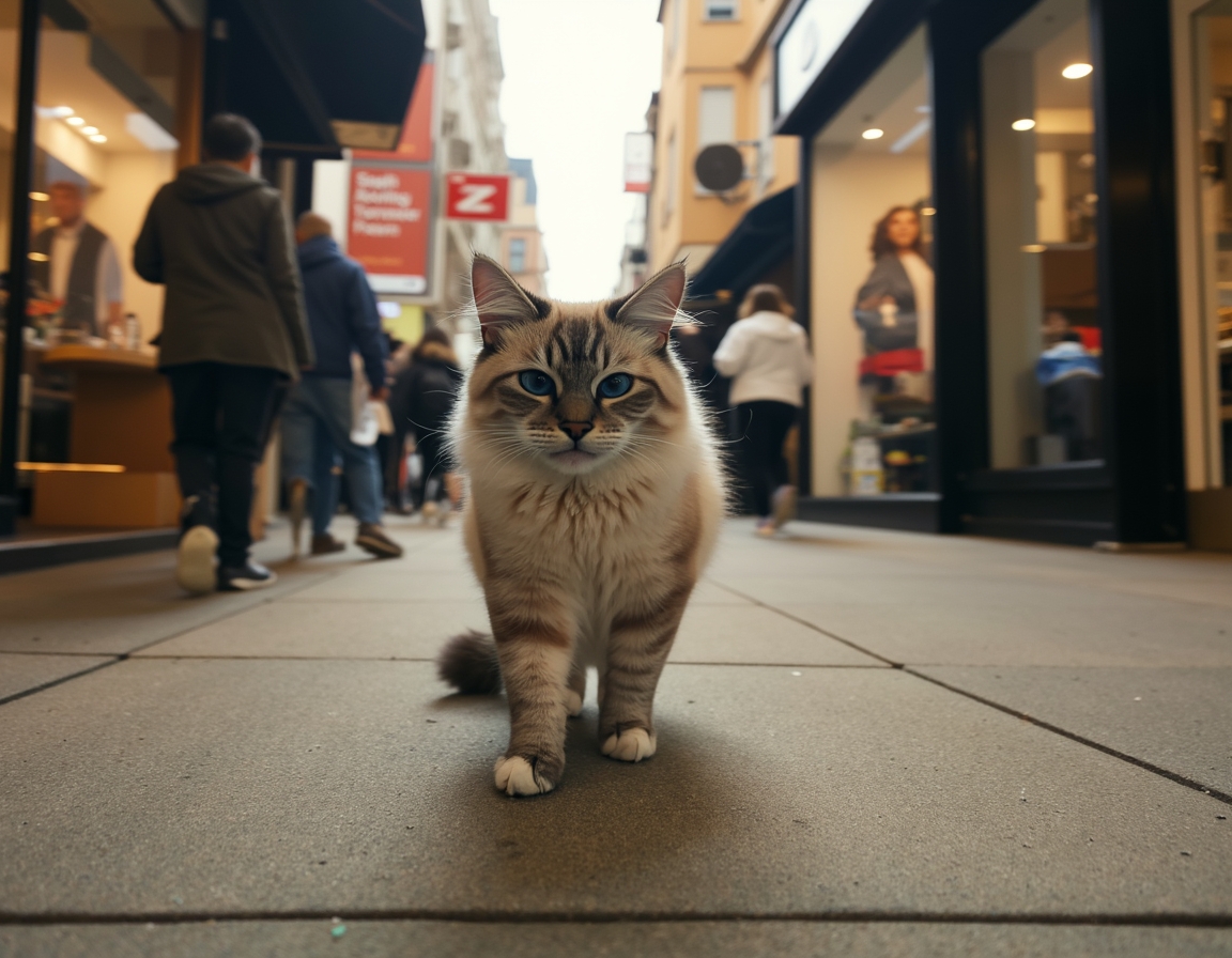 Cat strolls down a city sidewalk, confidently navigating the vibrant cityscape.
